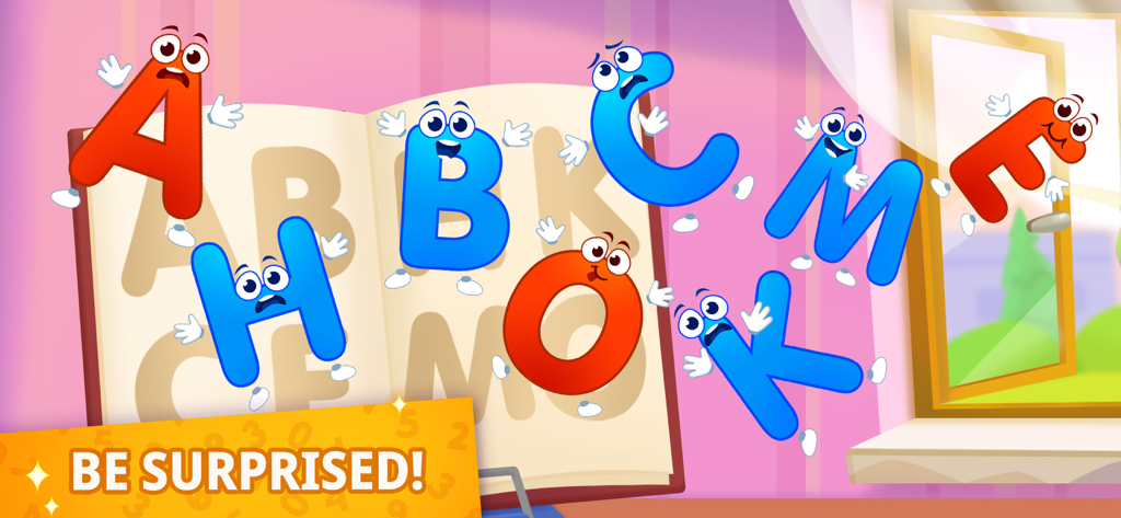 ABC: Alphabet Learning Games - Colorful cartoon letters with expressive faces flying out of an open book in a bright room