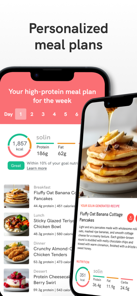 Solin app interface showing personalized high-protein meal plans and detailed nutritional information for recipes