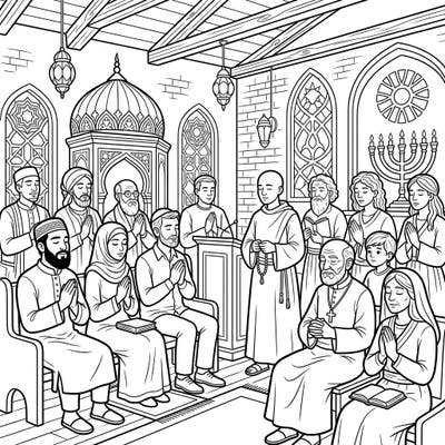 Discover harmony and understanding with this beautiful coloring page featuring a diverse religious gathering. This intricate design invites you to bring a vibrant tableau of shared spirituality to life.