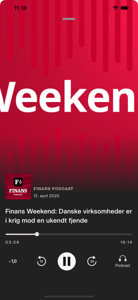 Finans - Danmarks erhvervsavis - Schermata del lettore podcast dell'app di notizie economiche Finans con un episodio di Finans Weekend.