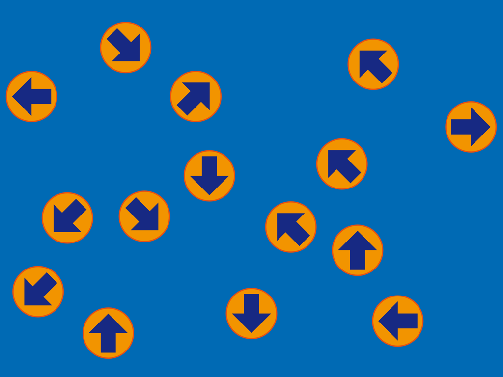 dob plus – Visual Perception - 파란색 배경에 주황색 원 안에 있는 파란색 화살표를 포함한 시각 인지 훈련.