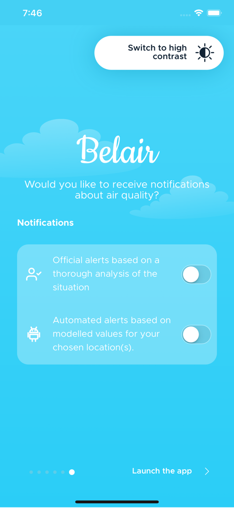 BelAir - Notification settings screen of the BelAir air quality app with toggles for official and automated alerts