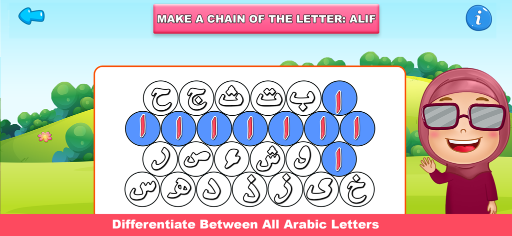 Learn Arabic Alphabet: Games - Educational game screen for kids to identify and chain the Arabic letter Alif among other letters
