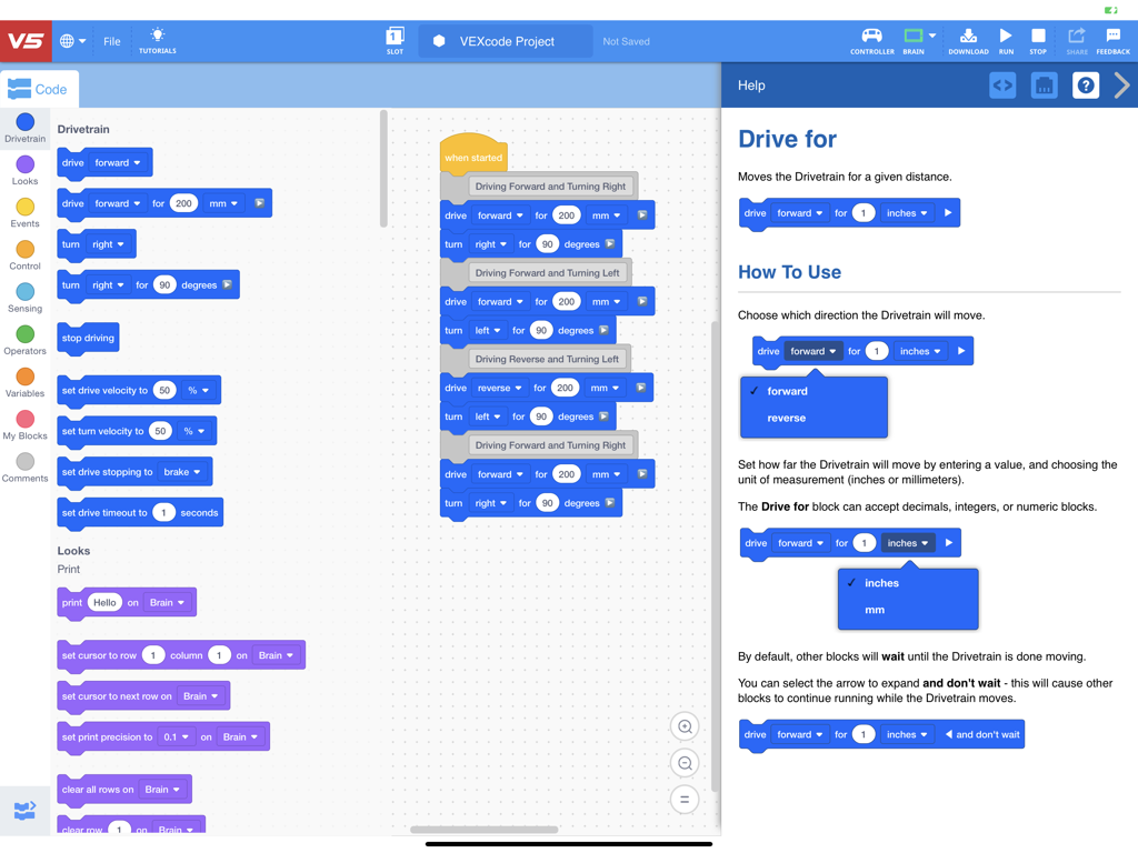 VEXcode V5 block based coding interface and help panel for robot commands.