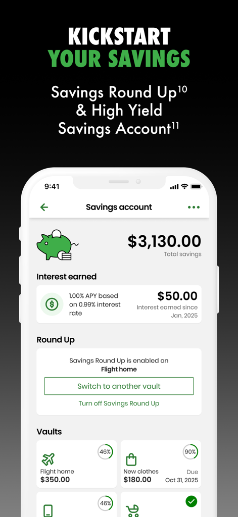 Xpectations Plus mobile app savings account interface showing interest earned and savings vaults with progress bars