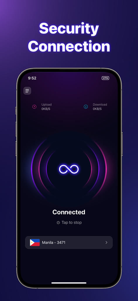 WebShield VPN - Private&Secure - Interfaz de la aplicación de smartphone WebShield VPN que muestra una conexión de seguridad exitosa con velocidades de carga y descarga