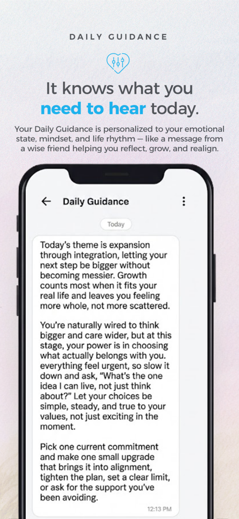 Thrive AI — Your daily guide - Thrive AIウェルネスアプリからのパーソナライズされた毎日のガイダンスメッセージを表示するモバイル画面。