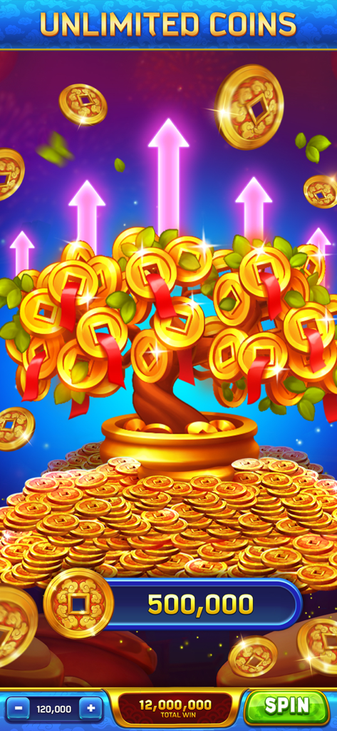 Dancing Drums Slots Casino screen featuring a golden money tree and unlimited coins