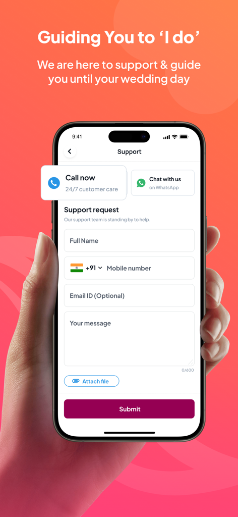 Customer support and guidance screen for Nest Matrimony app users featuring call and chat options