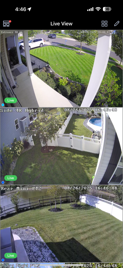 Live surveillance interface of the Luma View app showing multiple security camera views of a home.