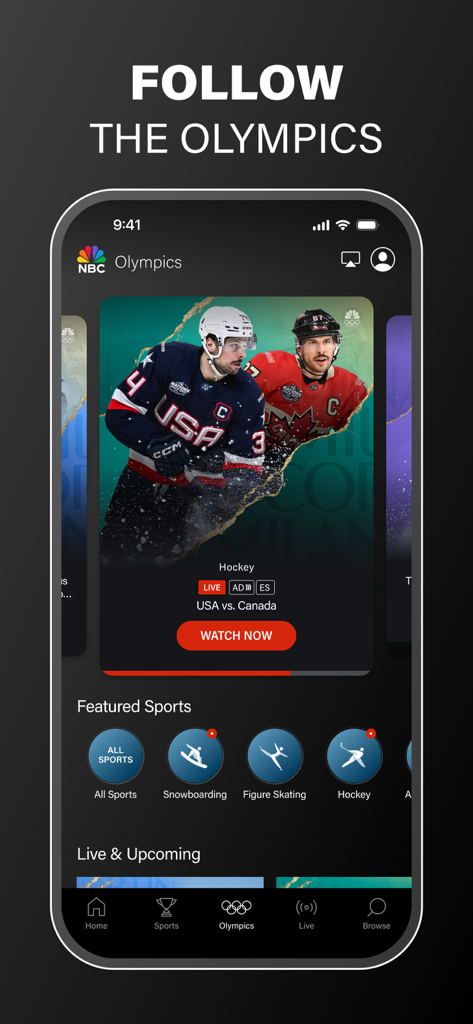 La interfaz de la App de NBC para transmitir los Juegos Olímpicos con un partido de hockey en vivo entre EE. UU. y Canadá