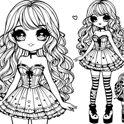 female with an hourglass waist,long sleek curly and wavy hair and sweet soft eyes with fluffy lashes, and a soft smile with lipstick,wearing a ruffled corset a cute short kawaii overall skirt with a hello kitty pattern and mismatch heart and stripe socks and doll platform shoes