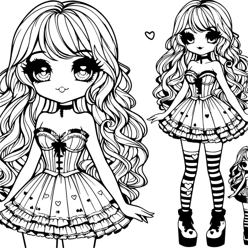 female with an hourglass waist,long sleek curly and wavy hair and sweet soft eyes with fluffy lashes, and a soft smile with lipstick,wearing a ruffled corset a cute short kawaii overall skirt with a hello kitty pattern and mismatch heart and stripe socks and doll platform shoes