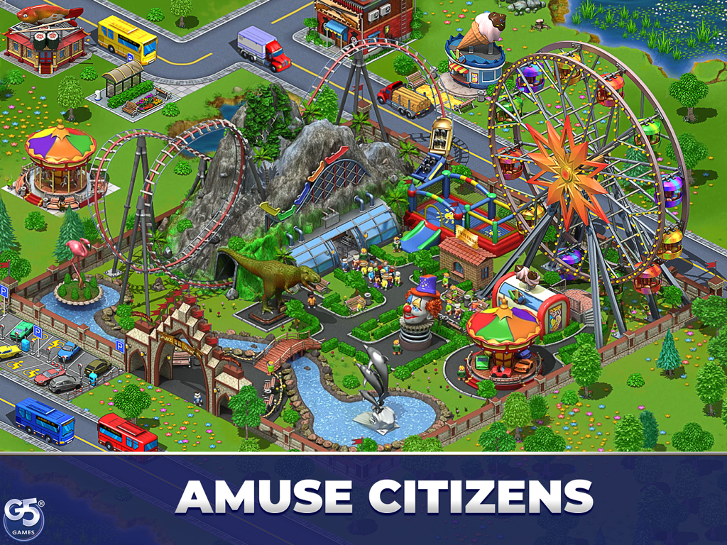 Virtual City Playground HD - A vibrant amusement park area in Virtual City Playground HD featuring a Ferris wheel and roller coaster