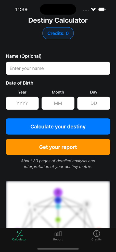 生年月日入力フィールドとDestiny Calculateまたはレポート取得ボタンが表示されるDestiny Matrix Calculatorのモバイルアプリインターフェース