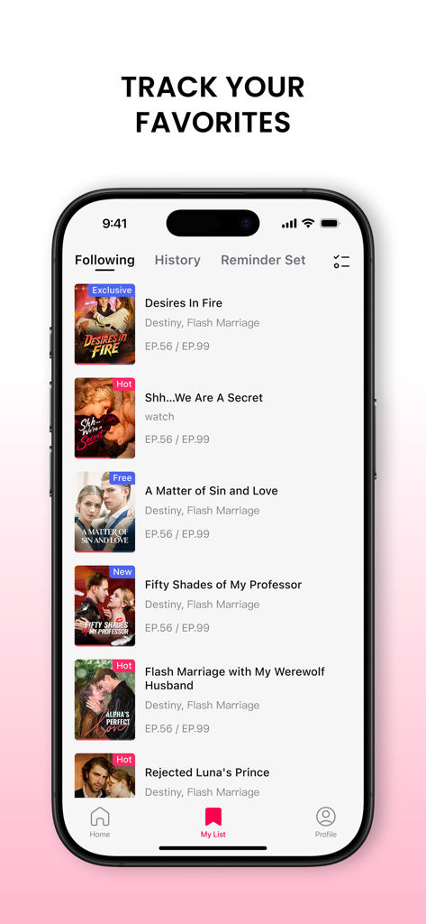 DramaBox Lite - Mini Drama TV - The favorites tracking screen in DramaBox Lite featuring a list of short vertical romance dramas