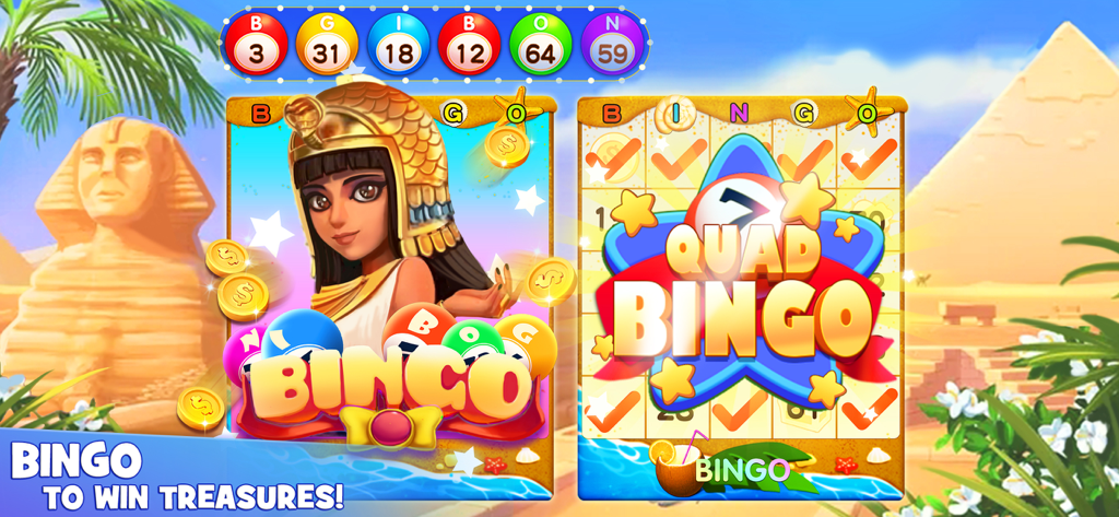Bingo Lucky: Happy Bingo Games - Bingo Lucky gameplay screen with Egyptian theme and Quad Bingo celebration