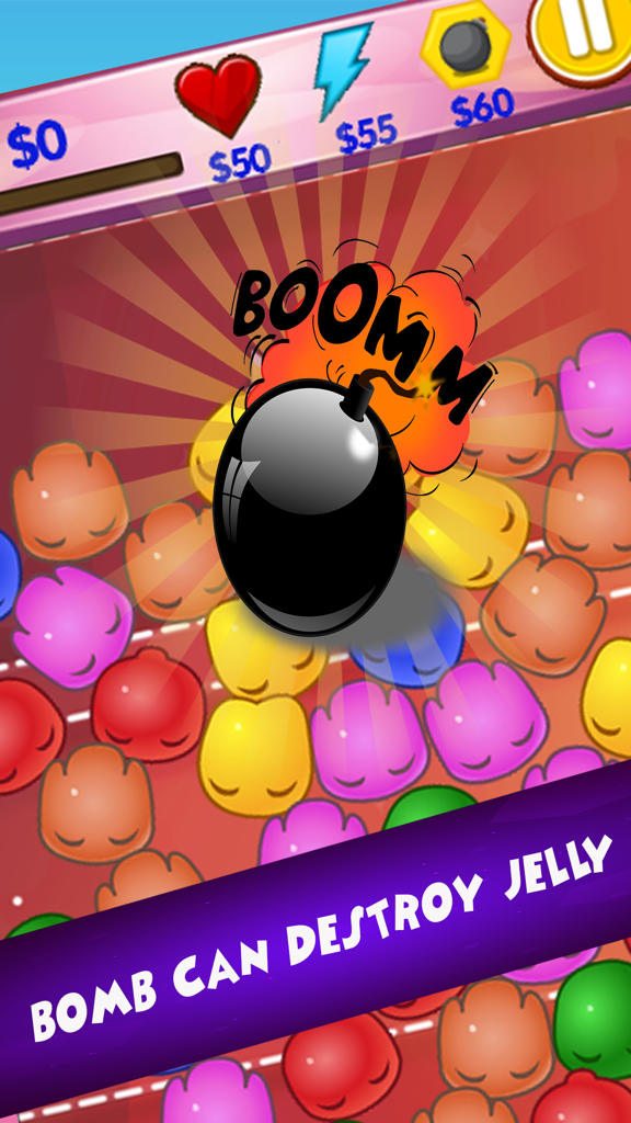 Un objeto bomba explotando para destruir coloridos personajes de gelatina en un juego de puzzle match 3