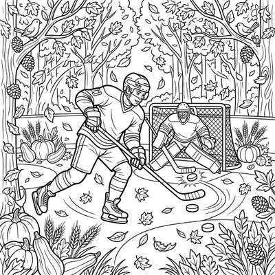 Experience the thrill of ice hockey combined with the beauty of autumn in this dynamic coloring page. Skaters and goalies take to the rink surrounded by falling leaves and festive harvest decor.