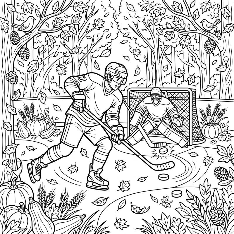 Experience the thrill of ice hockey combined with the beauty of autumn in this dynamic coloring page. Skaters and goalies take to the rink surrounded by falling leaves and festive harvest decor.