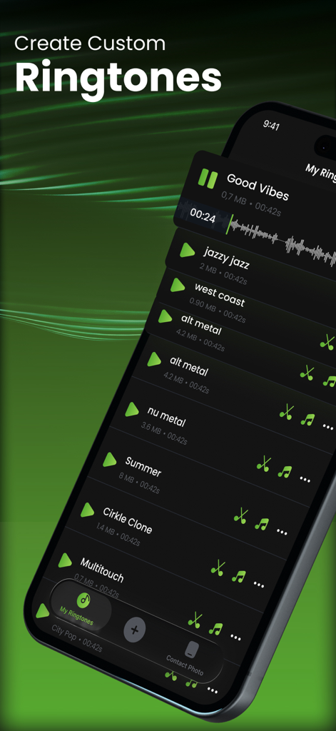 Interface of the RingForge app showing a library of custom ringtones with audio waveform visualization