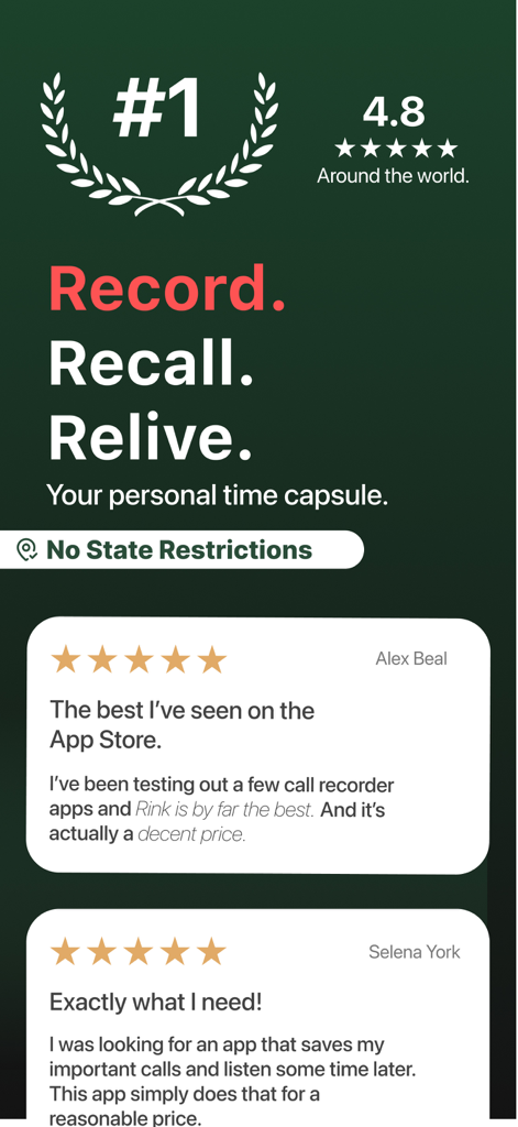 Screenshot promozionale per Rink Call Recorder che mostra una valutazione di 4,8 stelle e recensioni positive dei clienti.
