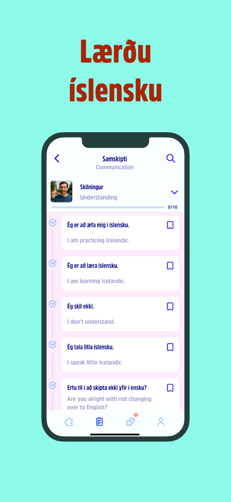 Bara tala - Screenshot of the Bara tala mobile app showing Icelandic phrases with English translations for communication practice.
