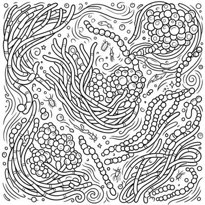 Uncover the hidden beauty of the ocean's smallest inhabitants with this detailed marine cyanobacteria coloring page. This intricate design invites you to bring the vibrant world of blue-green algae and plankton to life with your favorite colors.