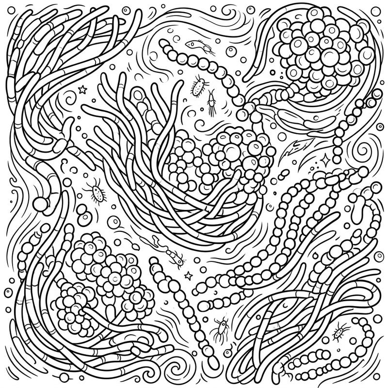 Uncover the hidden beauty of the ocean's smallest inhabitants with this detailed marine cyanobacteria coloring page. This intricate design invites you to bring the vibrant world of blue-green algae and plankton to life with your favorite colors.