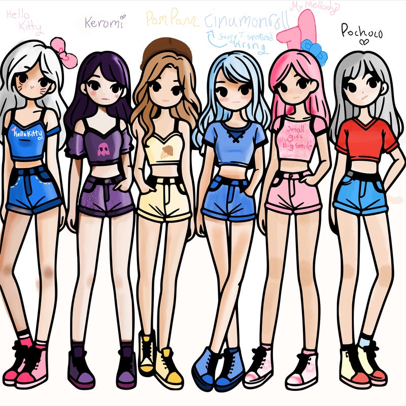 a group of girls wearing crop tops and shorts