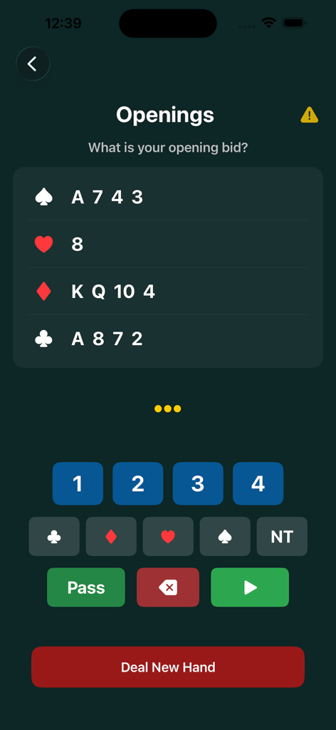 Bridge Begin: Card Game - Bridge bidding practice screen in the Bridge Begin app showing a card hand and suit selection buttons
