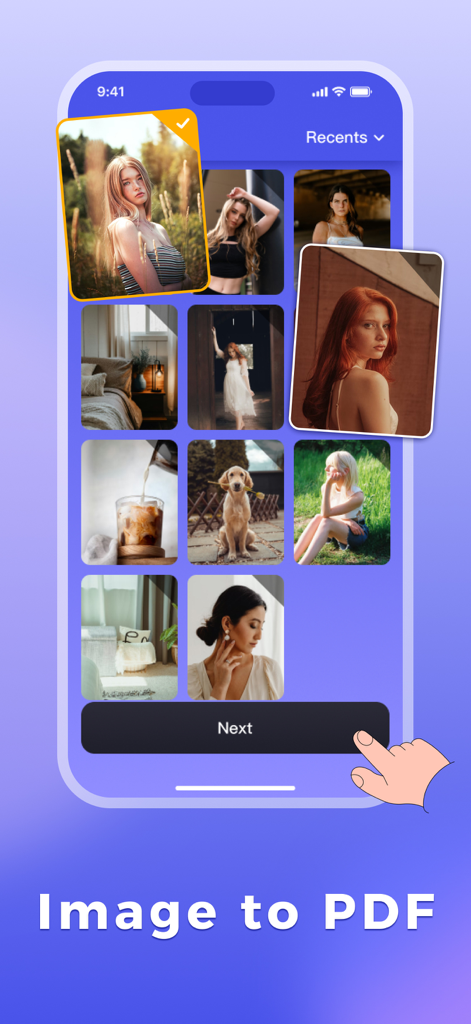 PDF Converter - OCR Reader - PDF変換アプリのインターフェース。複数の画像を選択してPDFファイルに変換するためのフォトギャラリーが表示されています