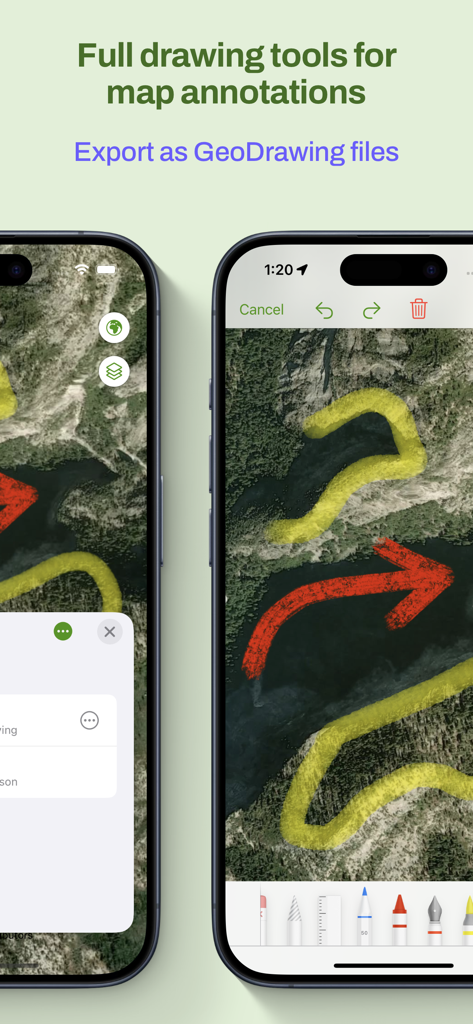 Smartphone screen showing map annotations with various colored drawing tools and export options.