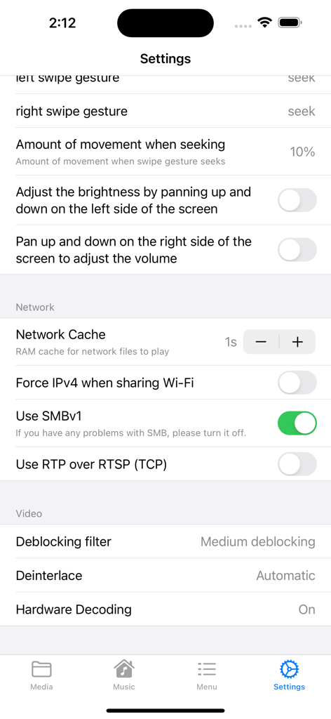 WMDPlayer - Der Einstellungsbildschirm von WMDPlayer zeigt erweiterte Video- und Netzwerkwiedergabesteuerungen an.