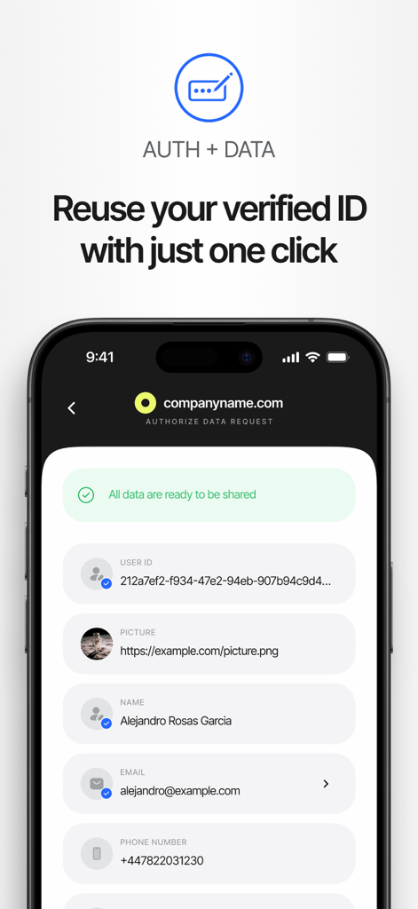 Didit - Didit app screen showing a one-click verified identity data authorization request.