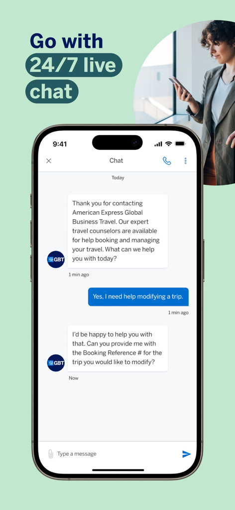 Amex GBT Mobile app interface showing a 24/7 live chat conversation with a professional travel counselor for business trip modifications