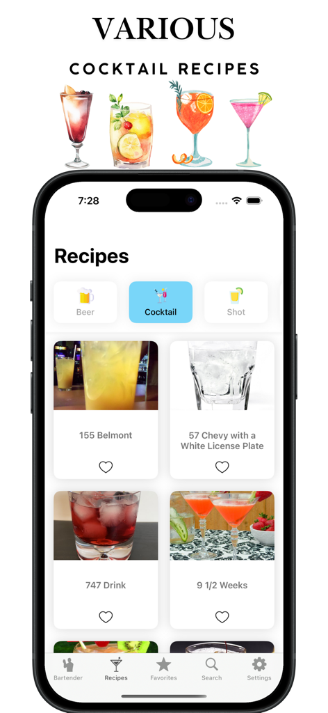 Bartender 앱에서 다양한 칵테일 레시피를 표시하는 스마트폰 화면