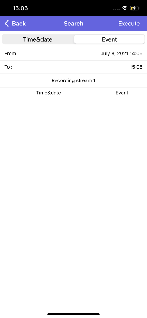 i-PRO Mobile APP - Search interface of the i-PRO Mobile APP for looking up recorded security footage by date and event.