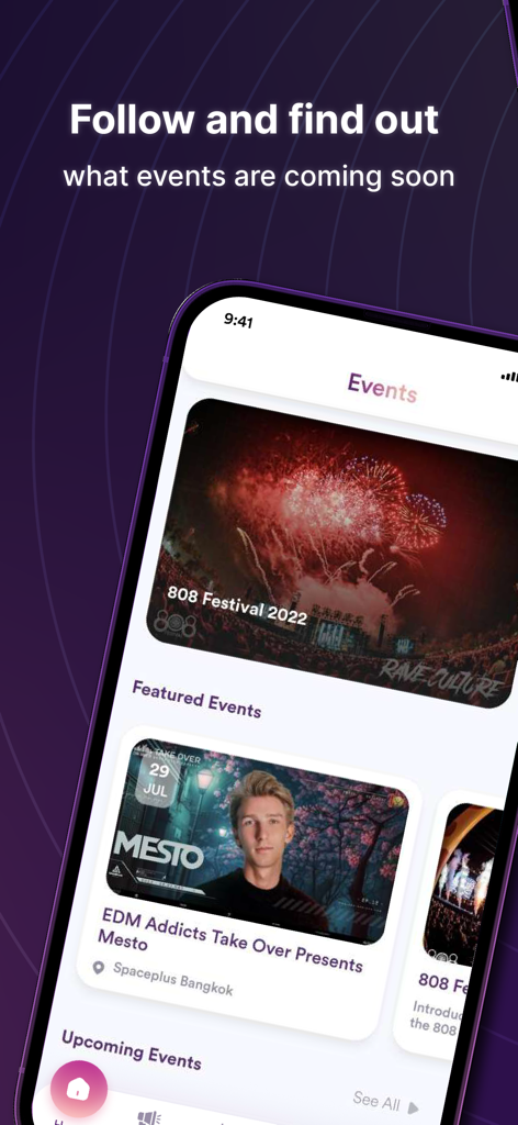 EDM Addicts - The EDM Addicts app showing a list of upcoming and featured music festival events on a mobile screen