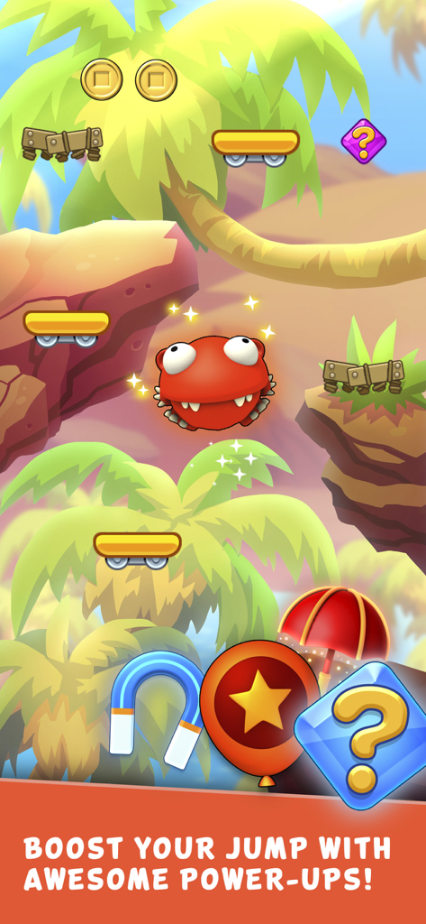 Mega Jump Halfbrick+ - A gameplay screenshot of Mega Jump Halfbrick+ featuring character Redford jumping amidst coins and power-up icons like a magnet and balloon.