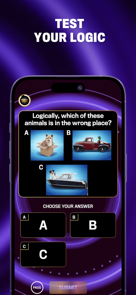 The 1% Club TV Show Quiz Game - A logic puzzle from The 1% Club mobile app asking which animal is in the wrong place