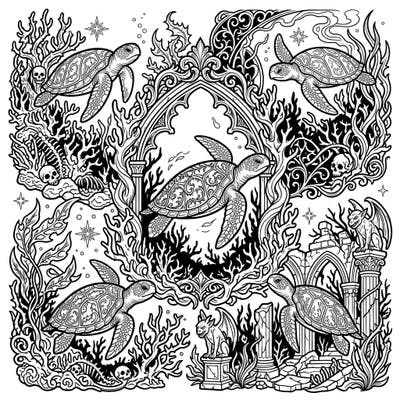 Unleash your creativity with this unique Gothic sea turtle coloring page, featuring majestic marine life amidst mysterious underwater architecture. This intricate design invites colorists to explore a world where ancient ruins meet vibrant ocean habitats.