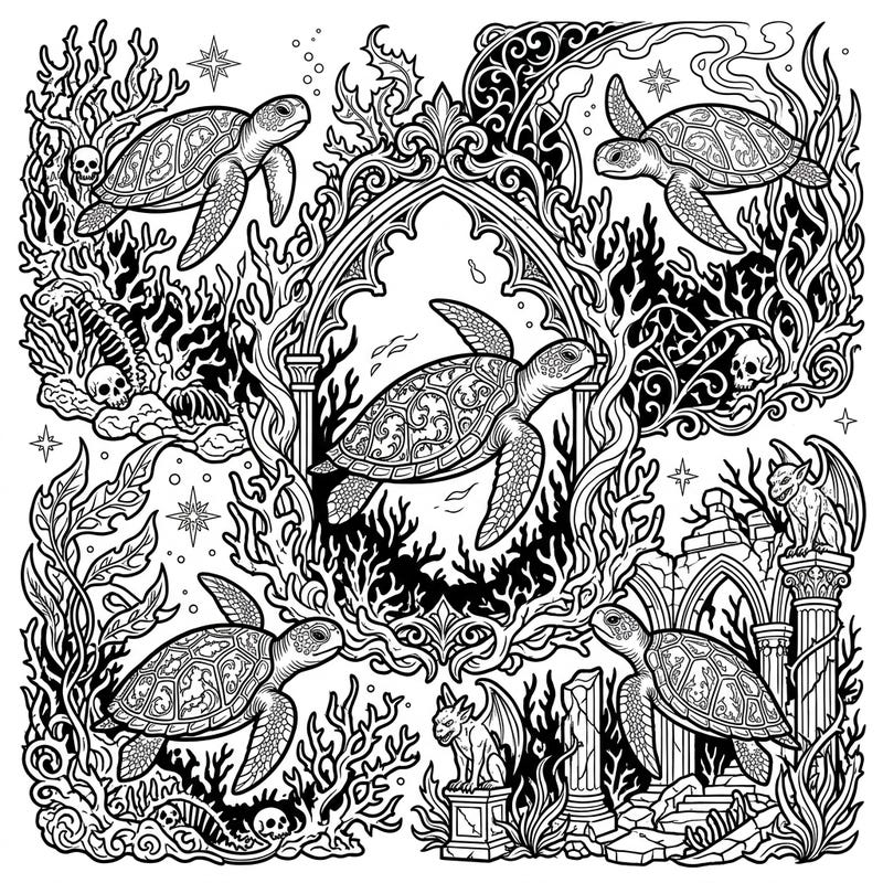 Unleash your creativity with this unique Gothic sea turtle coloring page, featuring majestic marine life amidst mysterious underwater architecture. This intricate design invites colorists to explore a world where ancient ruins meet vibrant ocean habitats.