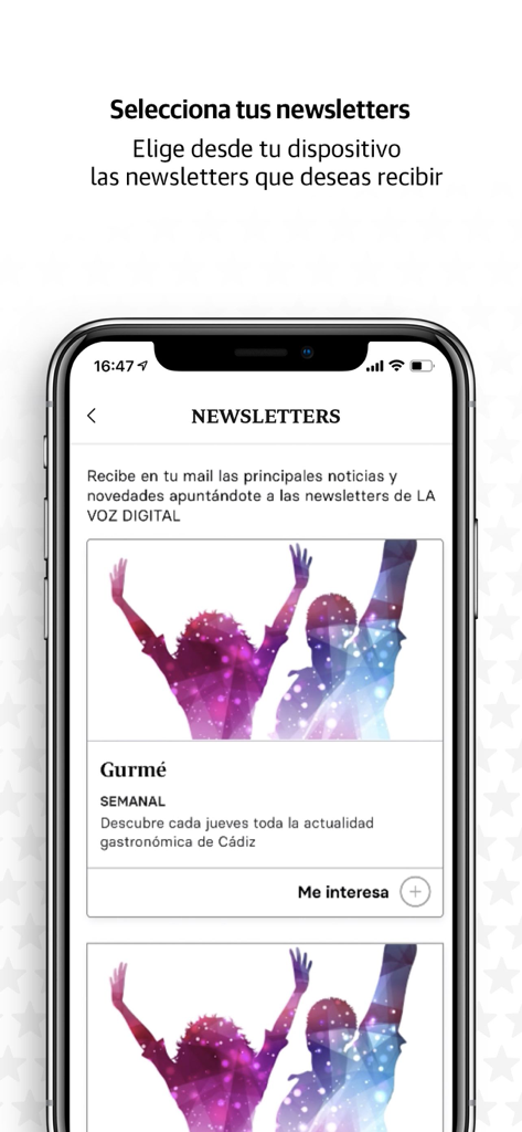 Pantalla de suscripción a boletines informativos en la aplicación móvil Diario La Voz de Cádiz.
