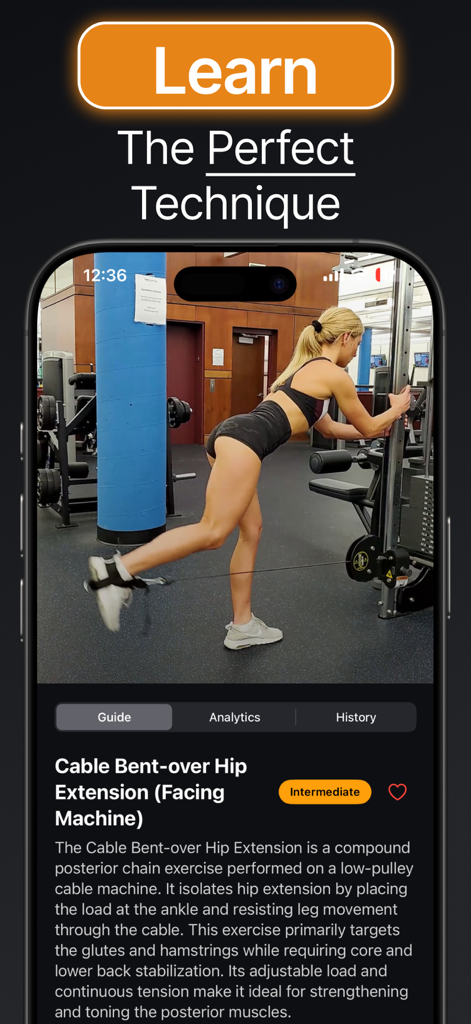 Gymeo app interface showing a video tutorial and description for a cable hip extension exercise