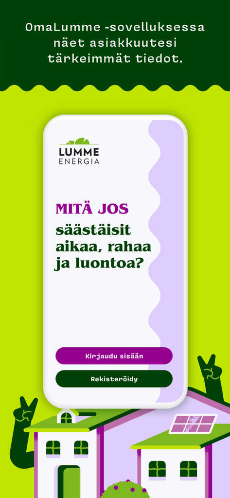 Welcome screen of the OmaLumme energy management app with login and registration buttons and a smart home illustration