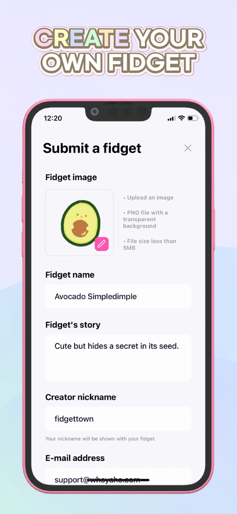 A mobile screen showing the interface to create and submit a custom avocado fidget toy in the Fidget Town app.