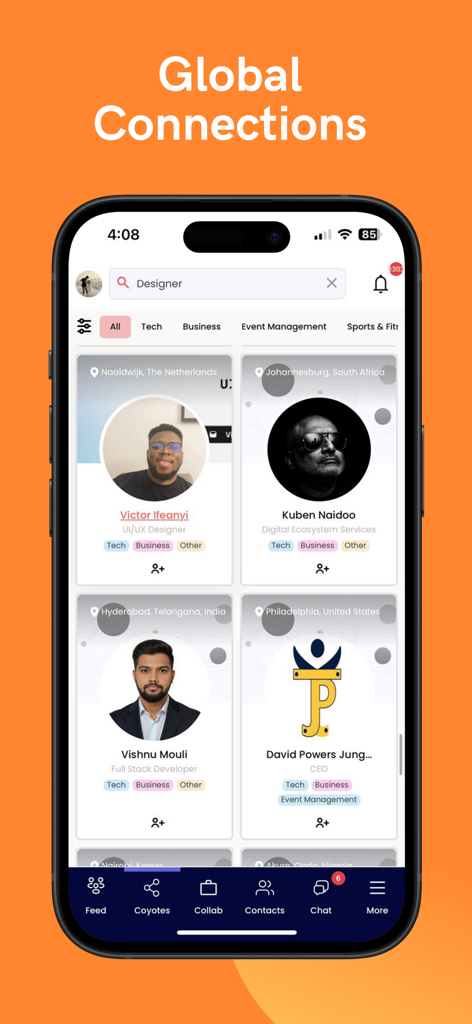 Feedcoyote: Freelance & Earn - Feedcoyote app interface displaying global freelance professional profiles for networking and collaboration.