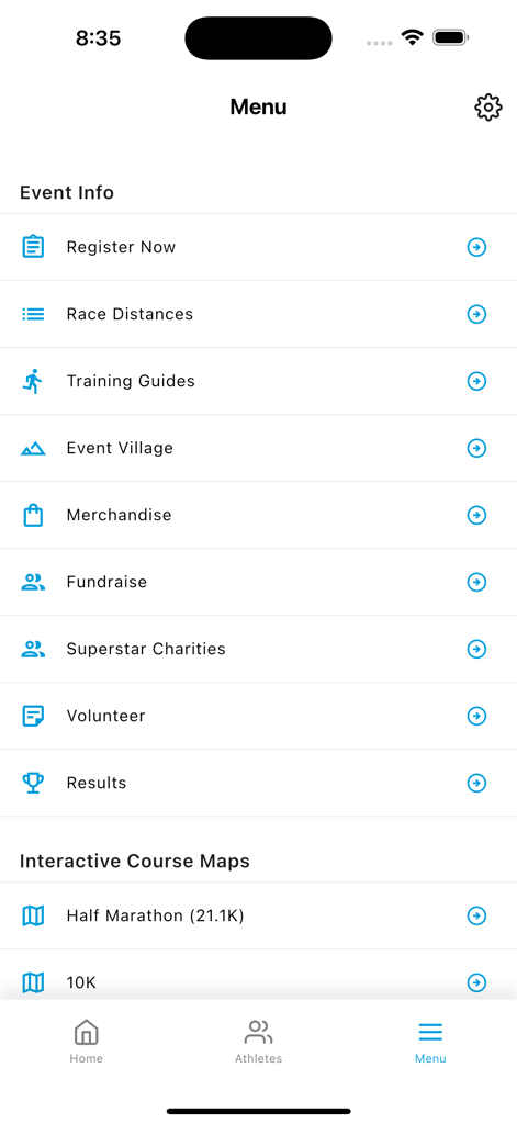 Sole Motive - Menu screen of the Sole Motive app featuring event information and interactive race course maps.