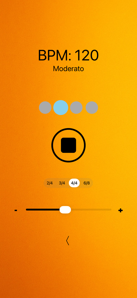 Metronome interface with 120 BPM and 4/4 time signature settings